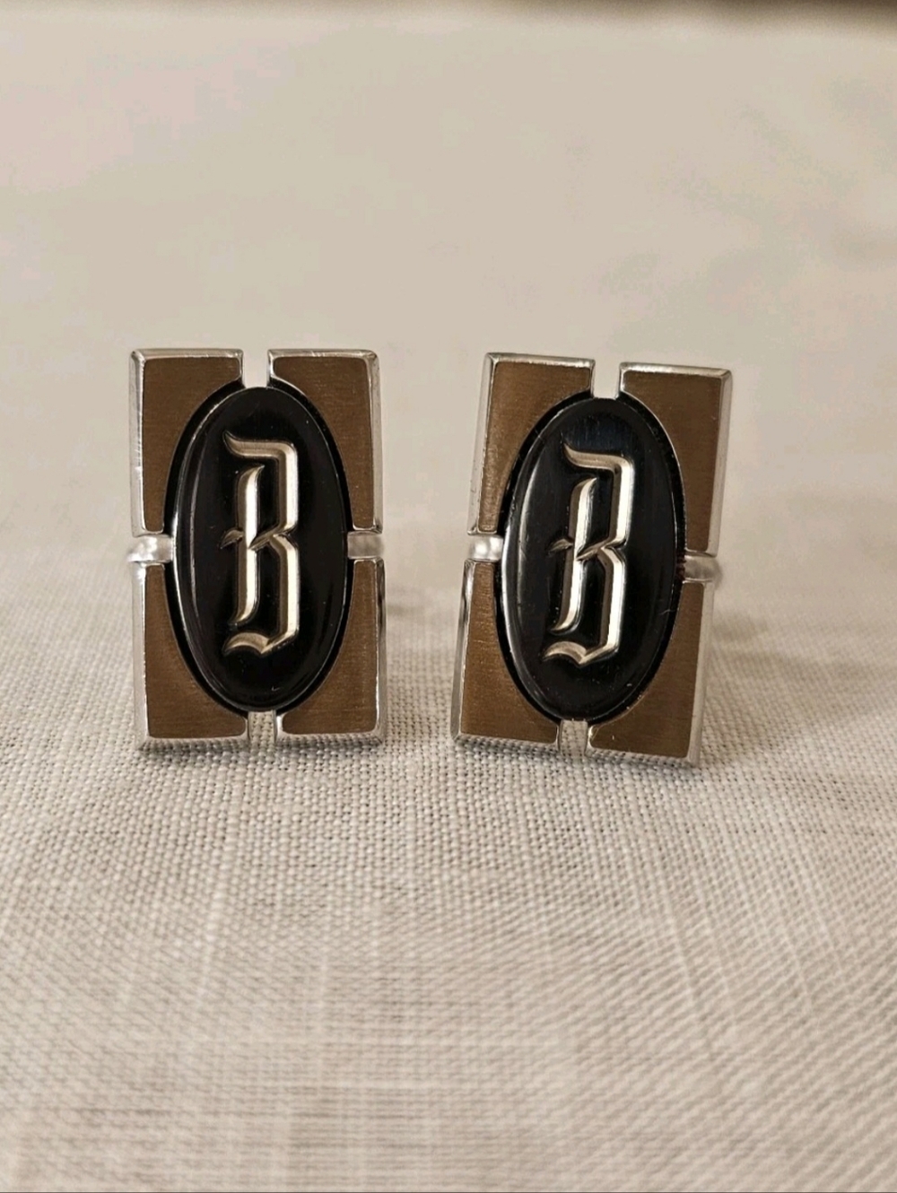 Cool Vintage 50's Hickok Cufflinks Initial B  Silver & Gold Tone w/Black Enamel